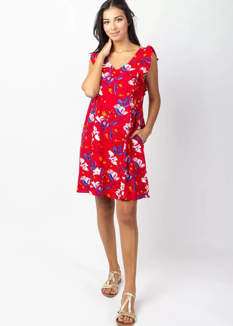 Robes*Coton Du Monde Robe courte sans manches volantées ZOLA rouge Pétale