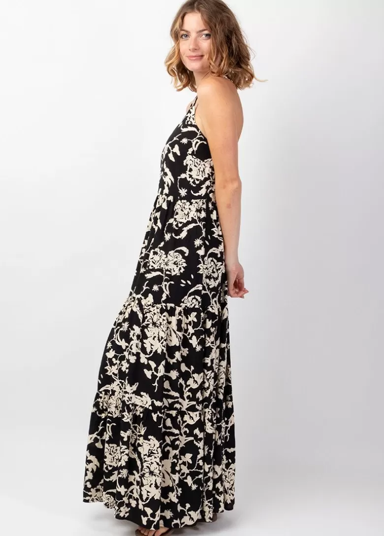 Robes*Coton Du Monde Robe longue bohème fines bretelles torsadées MONICA motif ethnique noir Palua Noir