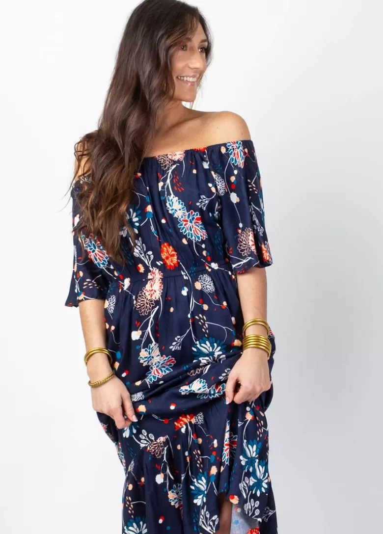 Robes*Coton Du Monde Robe longue chic DALIA col bardot imprimé fleuri bleu Pollen