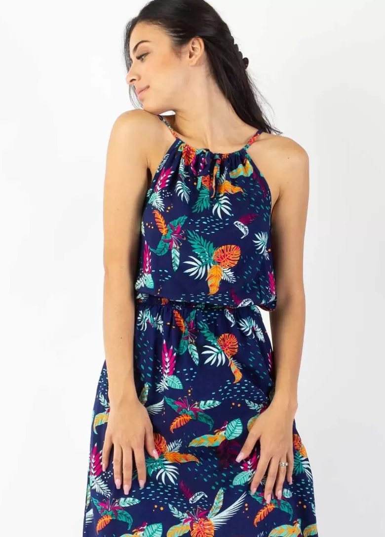 Robes*Coton Du Monde Robe longue col licou NAYA imprimé tropical bleu Rio Bleu