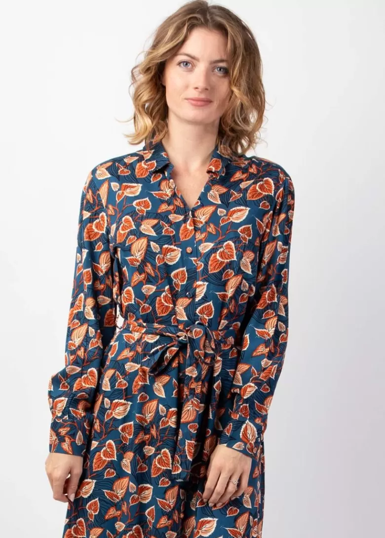 Robes*Coton Du Monde Robe longue en viscose épais bleu VAIANA motif feuillage automnal Tylia