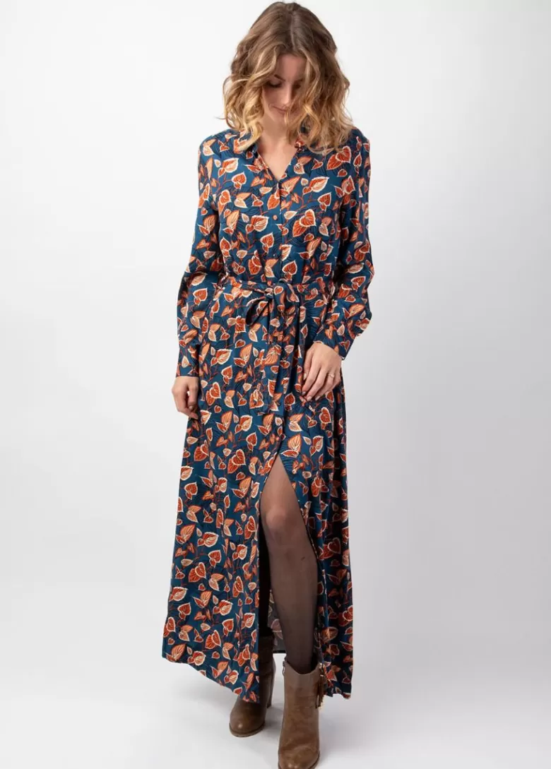 Robes*Coton Du Monde Robe longue en viscose épais bleu VAIANA motif feuillage automnal Tylia