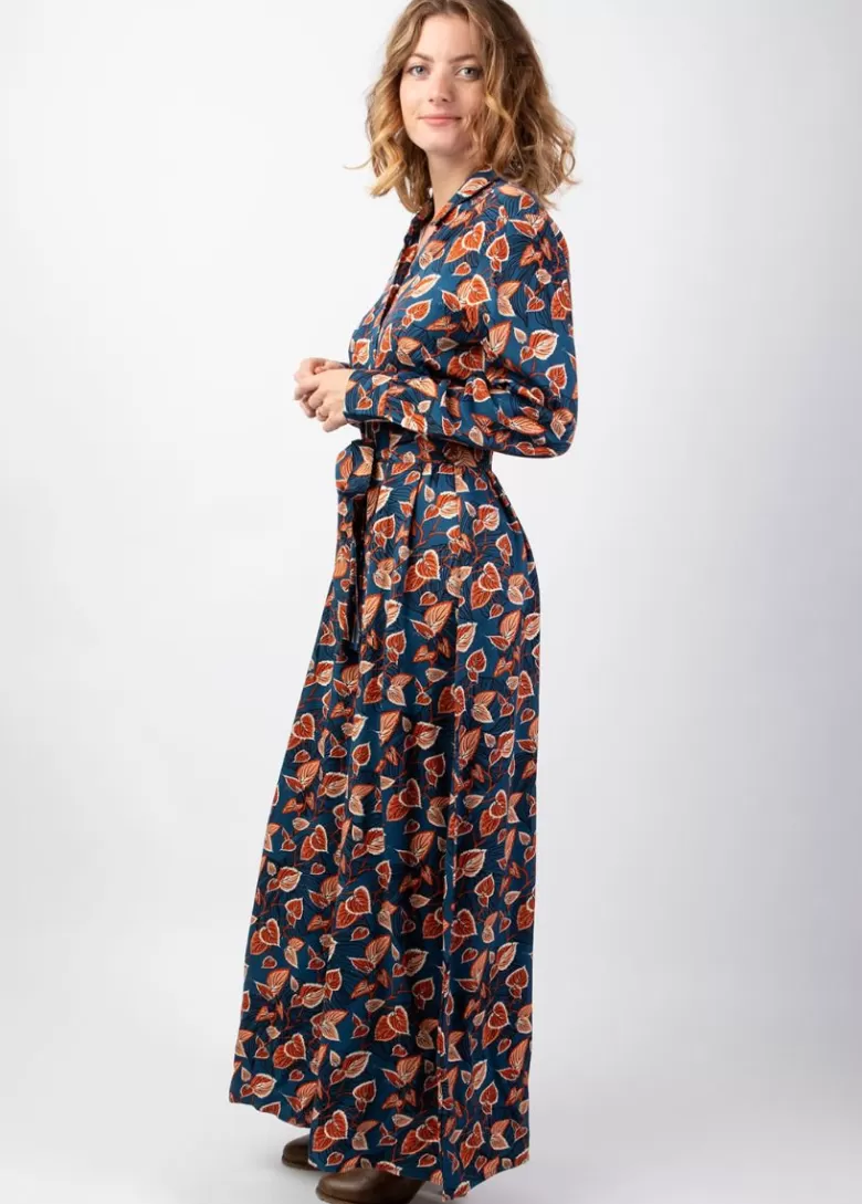 Robes*Coton Du Monde Robe longue en viscose épais bleu VAIANA motif feuillage automnal Tylia