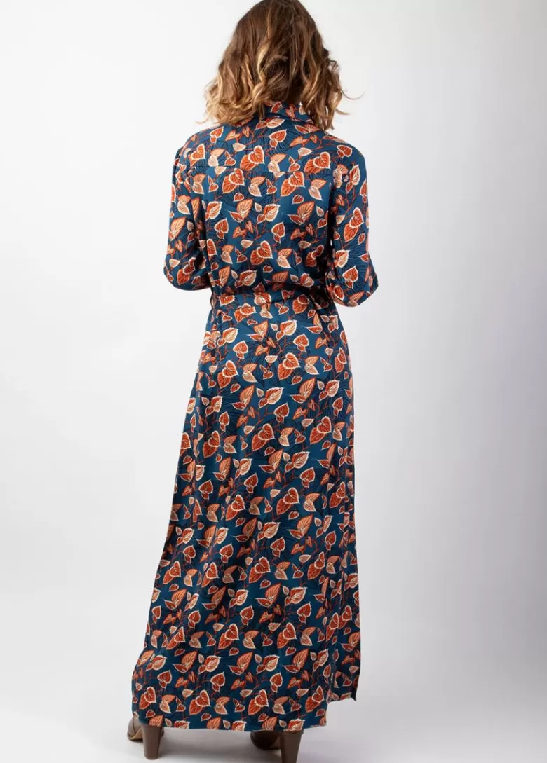 Robes*Coton Du Monde Robe longue en viscose épais bleu VAIANA motif feuillage automnal Tylia