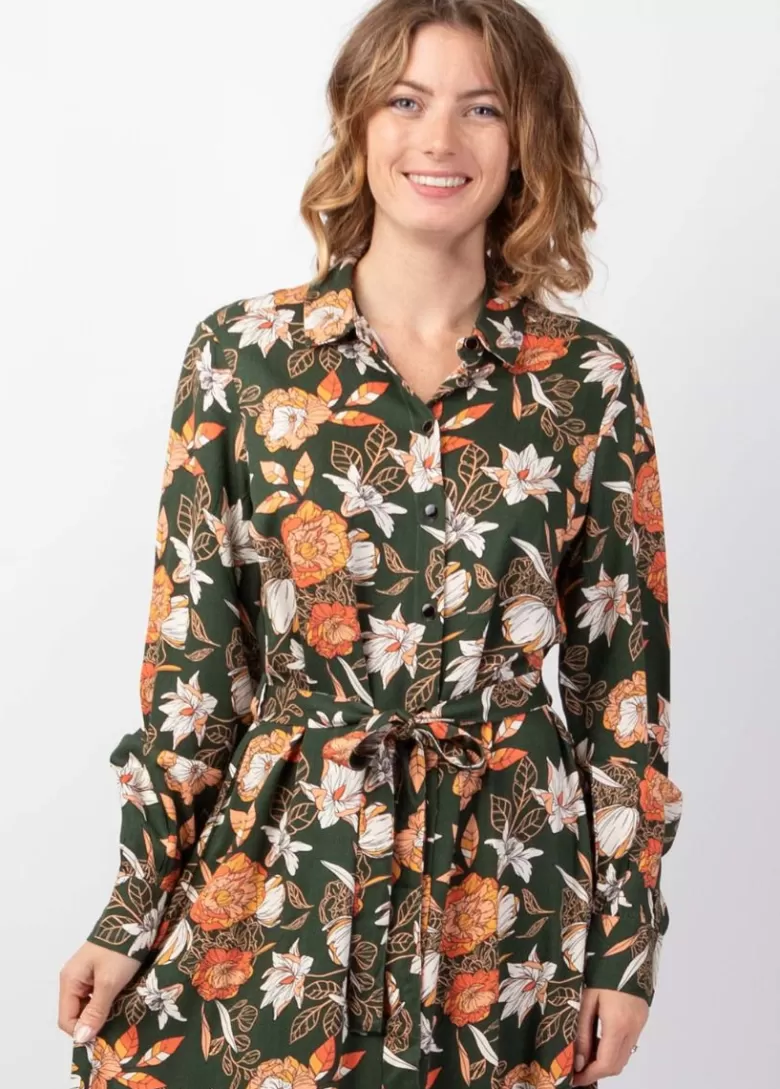 Robes*Coton Du Monde Robe longue en viscose épais kaki VAIANA motif fleuri coloré Arty