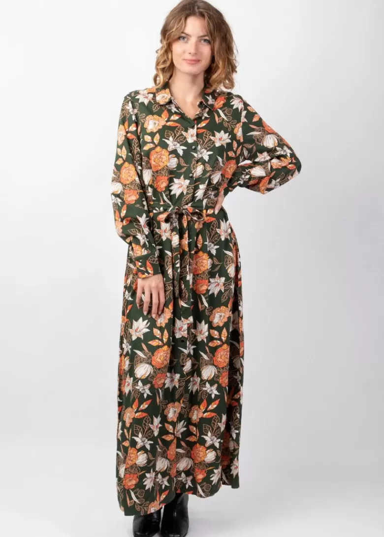 Robes*Coton Du Monde Robe longue en viscose épais kaki VAIANA motif fleuri coloré Arty