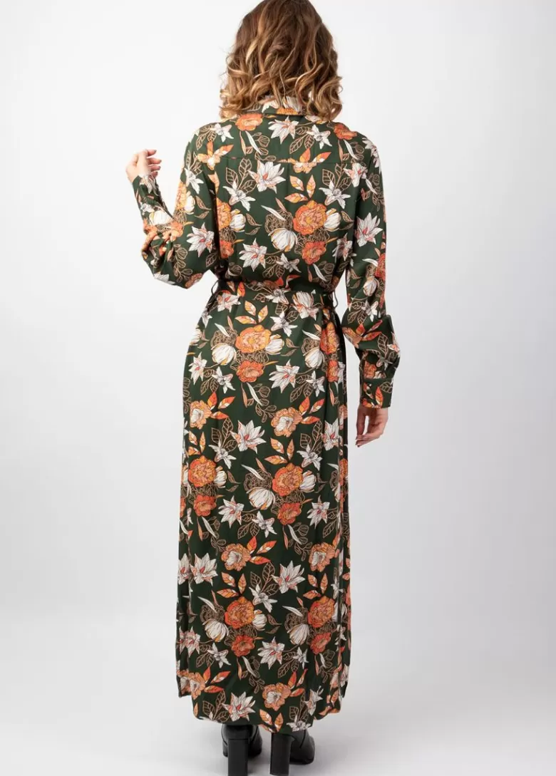 Robes*Coton Du Monde Robe longue en viscose épais kaki VAIANA motif fleuri coloré Arty