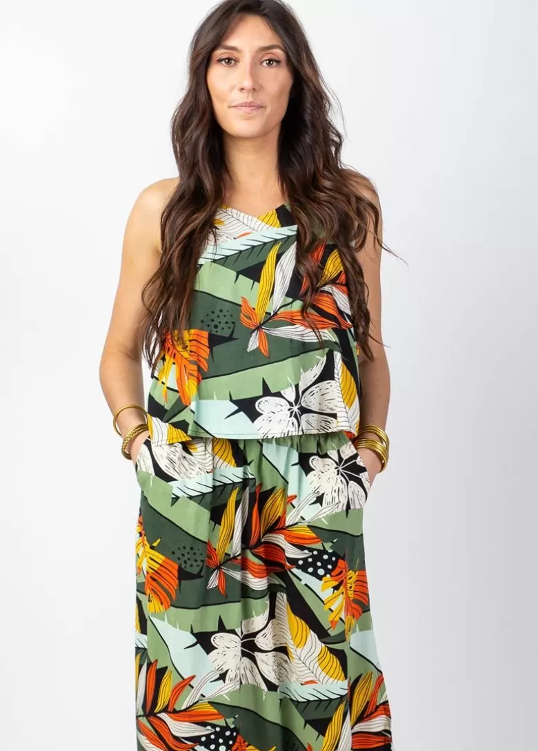 Robes*Coton Du Monde Robe longue fendue ASSILIA imprimé exotique vert Brésil