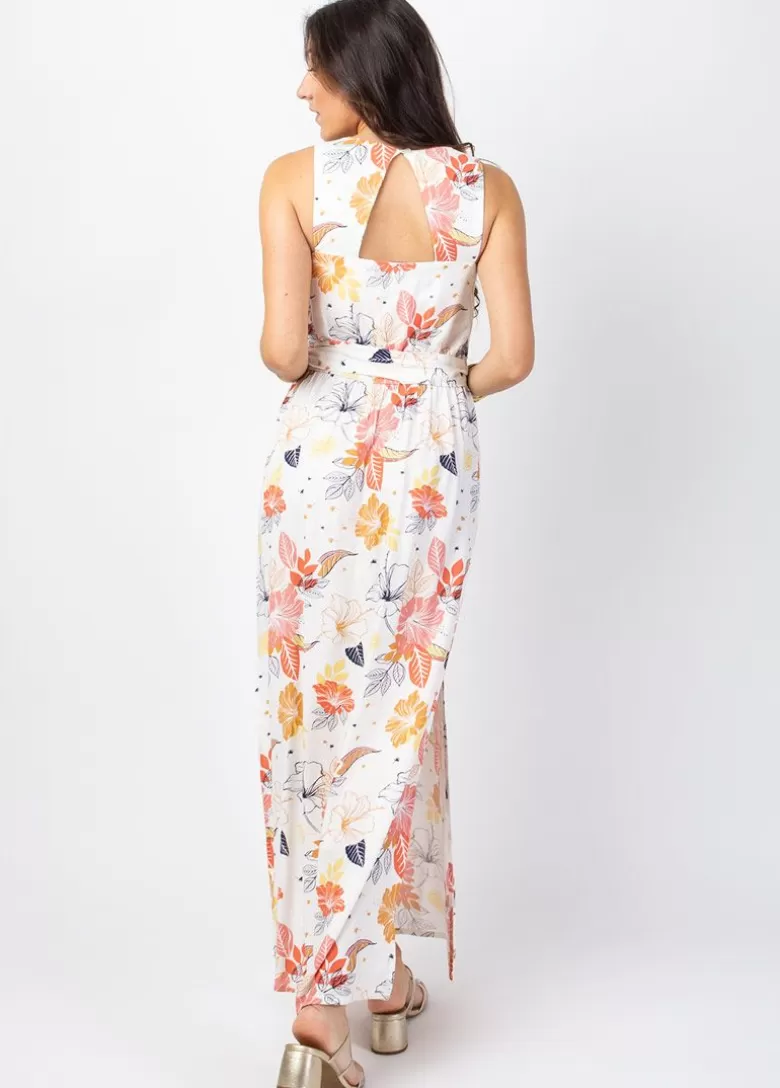 Robes*Coton Du Monde Robe longue fendue chic MELINDA cache-cœur imprimé floral blanc Althea