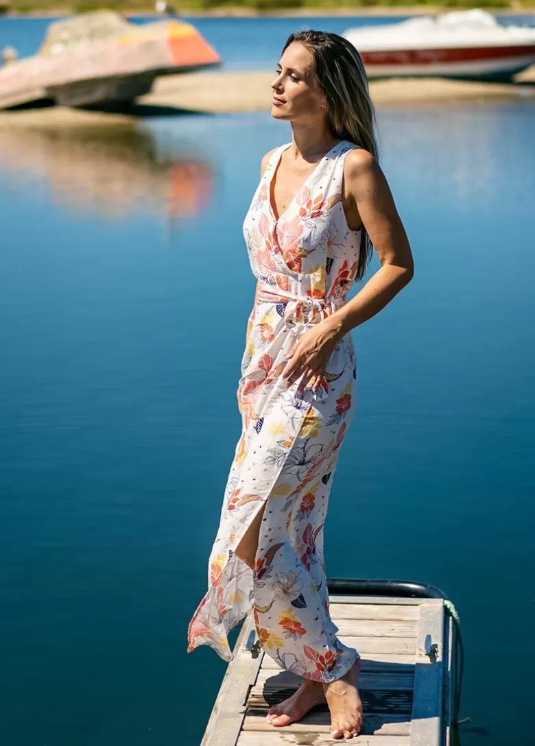 Robes*Coton Du Monde Robe longue fendue chic MELINDA cache-cœur imprimé floral blanc Althea
