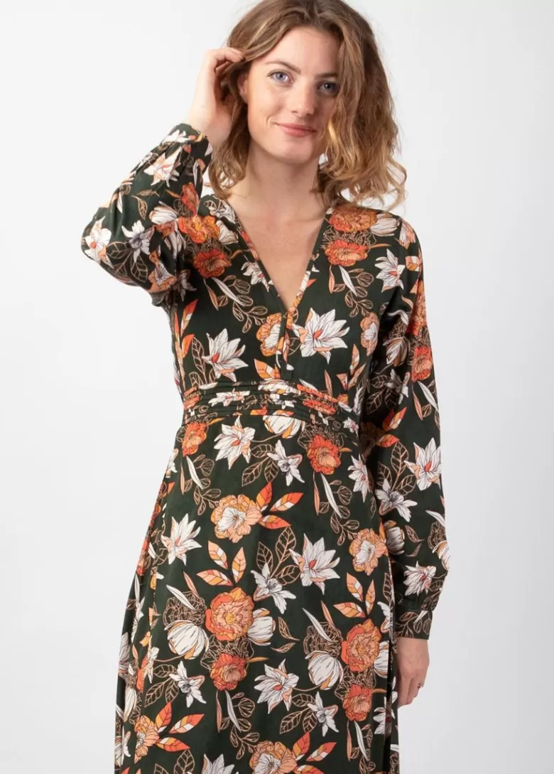 Robes*Coton Du Monde Robe longue fendue en viscose soyeux hiver CALISSA motif floral kaki Arty
