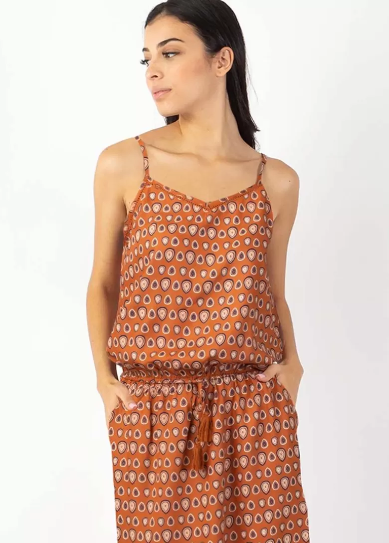 Robes*Coton Du Monde Robe longue fendue fines bretelles ALBA imprimé ethnique camel 29 Camel