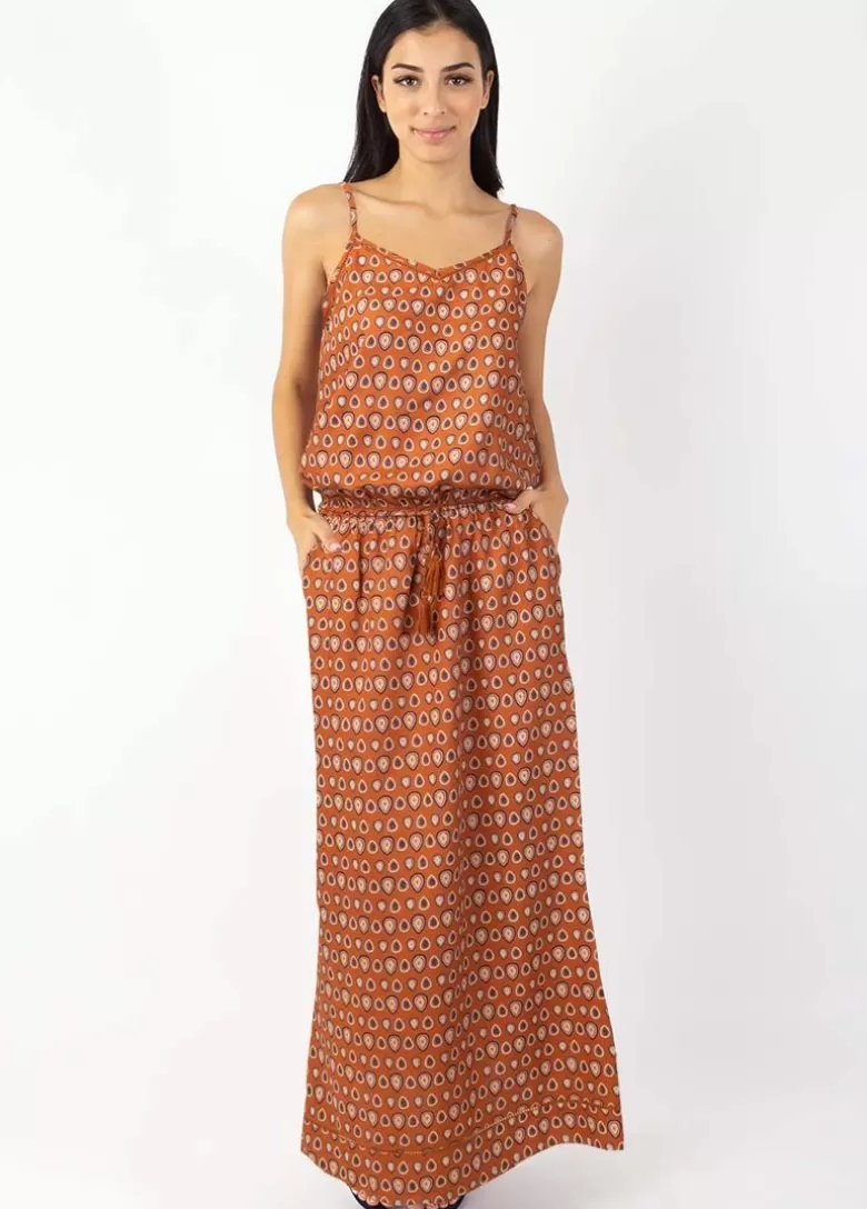 Robes*Coton Du Monde Robe longue fendue fines bretelles ALBA imprimé ethnique camel 29 Camel