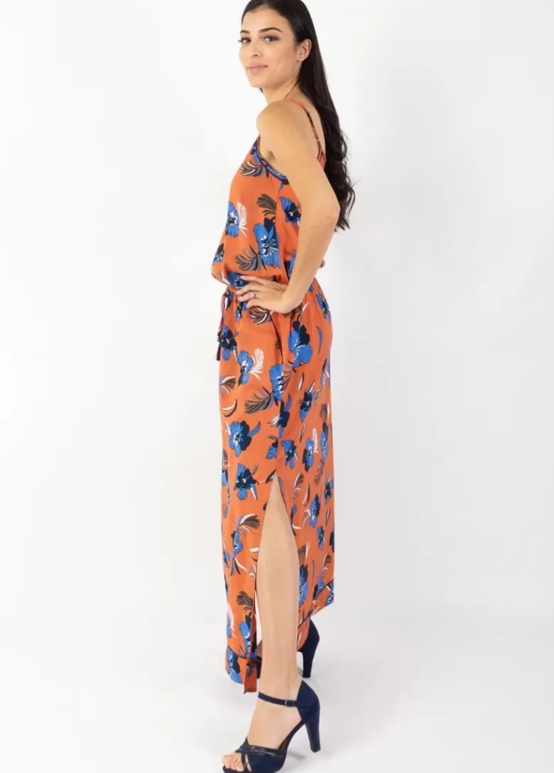 Robes*Coton Du Monde Robe longue fendue fines bretelles ALBA imprimé fleurs d' Hibiscus