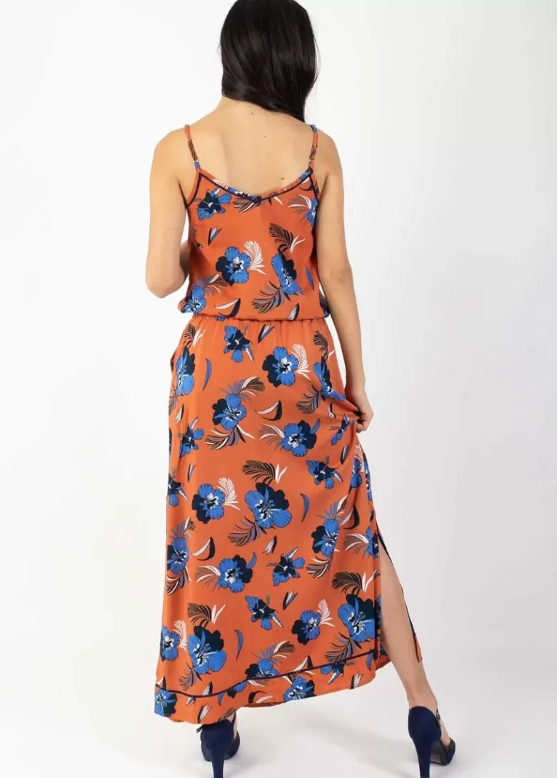 Robes*Coton Du Monde Robe longue fendue fines bretelles ALBA imprimé fleurs d' Hibiscus