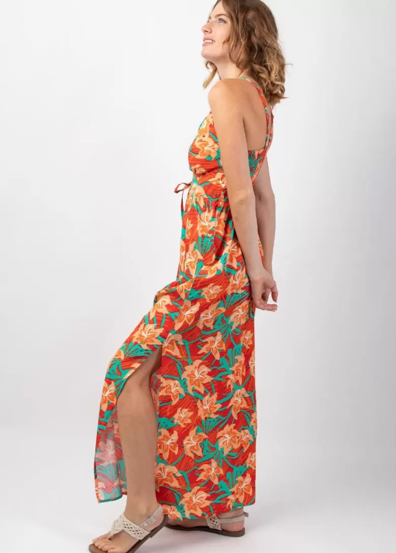 Robes*Coton Du Monde Robe longue fendue GLORIA fines bretelles motif fleuri tropical Summer
