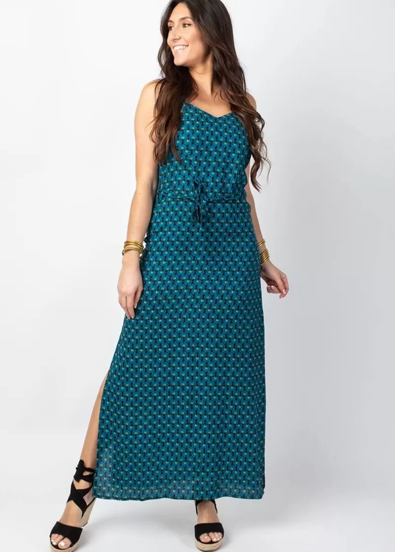 Robes*Coton Du Monde Robe longue fendue MARISSA motif ethnique bleu Albizia Bleu