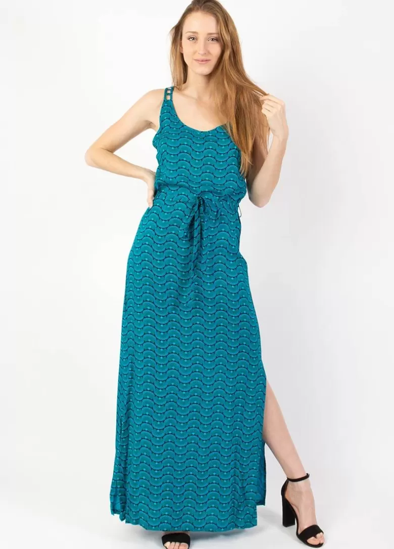 Robes*Coton Du Monde Robe longue fines bretelles LAETITIA imprimé ethnique turquoise 30 Bleu