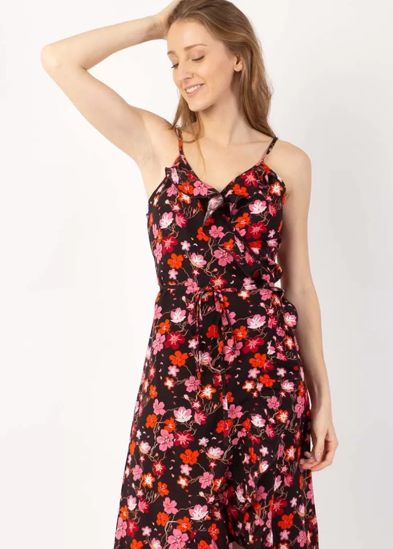 Robes*Coton Du Monde Robe longue fines bretelles SACHA imprimé fleurs de cerisiers noir Cherry Noir