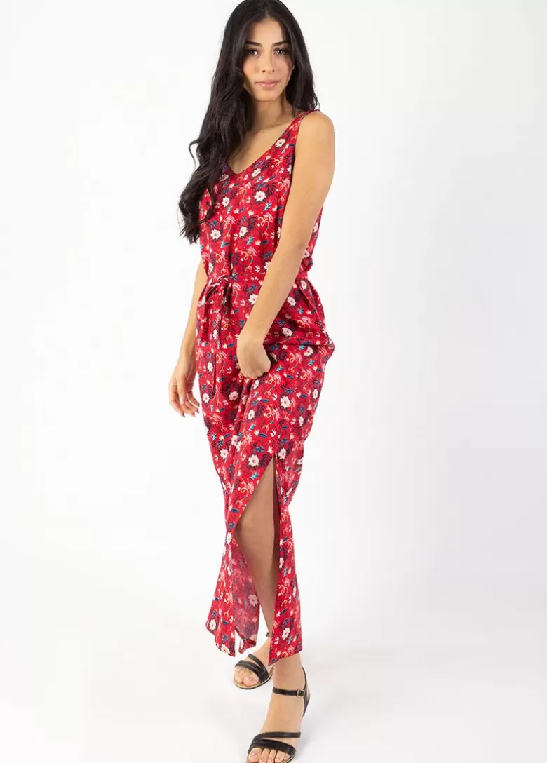 Robes*Coton Du Monde Robe longue fleurie SAVANA rouge ceinturée à larges bretelles Spring Flowers