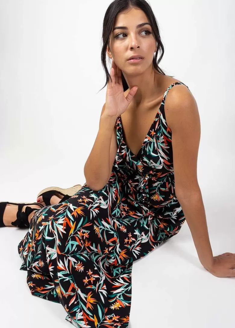 Robes*Coton Du Monde Robe longue fluide GLORIA fines bretelles imprimé feuillage Belize