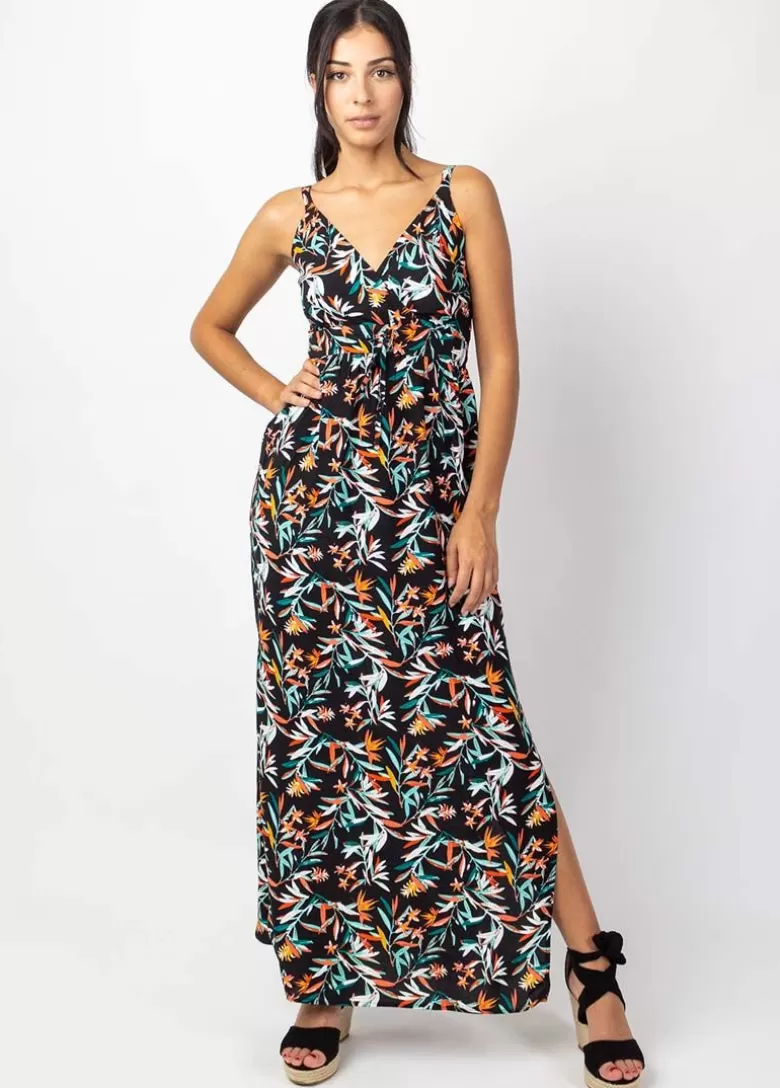 Robes*Coton Du Monde Robe longue fluide GLORIA fines bretelles imprimé feuillage Belize
