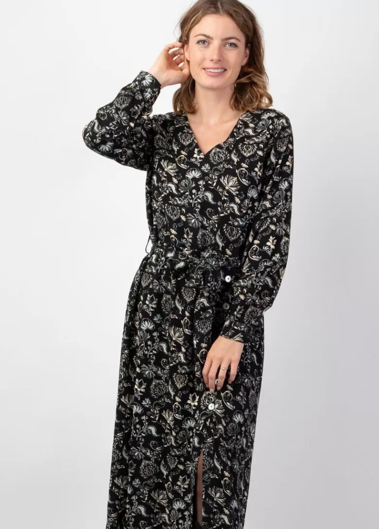 Robes*Coton Du Monde Robe longue hiver en twill de viscose GAYA motif ethnique noir Orient