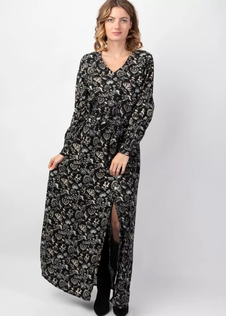 Robes*Coton Du Monde Robe longue hiver en twill de viscose GAYA motif ethnique noir Orient