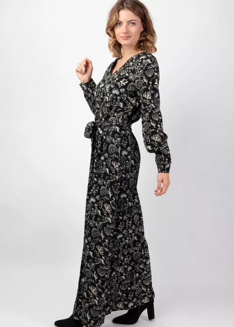 Robes*Coton Du Monde Robe longue hiver en twill de viscose GAYA motif ethnique noir Orient