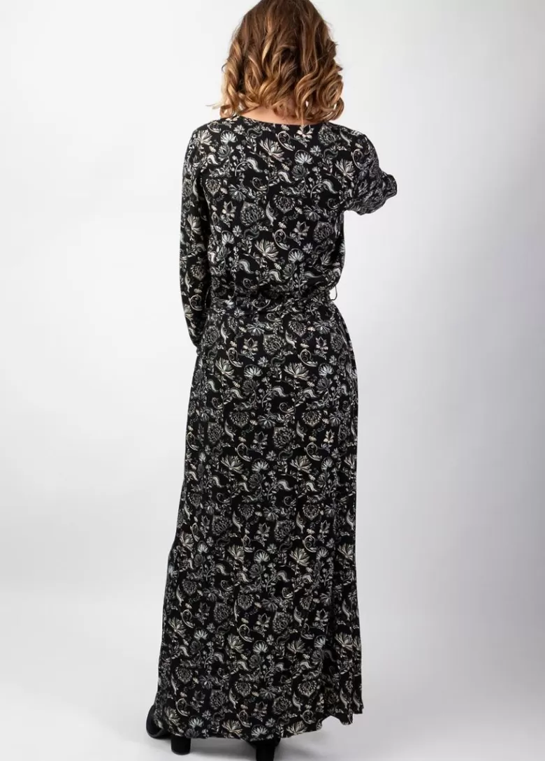 Robes*Coton Du Monde Robe longue hiver en twill de viscose GAYA motif ethnique noir Orient