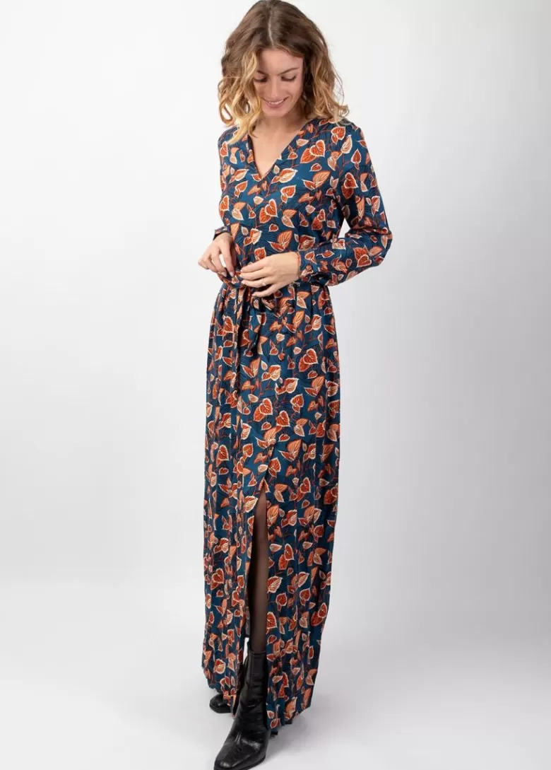 Robes*Coton Du Monde Robe longue hiver en twill de viscose GAYA motif fleuri bleu Tylia