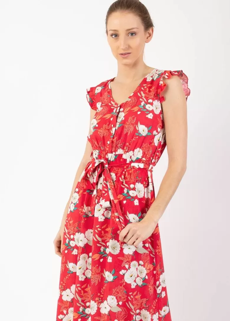 Robes*Coton Du Monde Robe longue manches volantées KAYLA fleurie rouge Bouquet Rouge