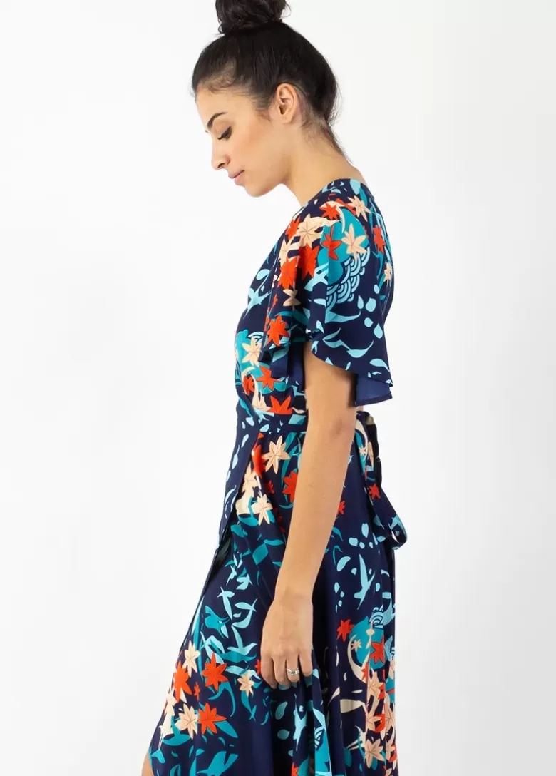 Robes*Coton Du Monde Robe longue SAKURA bohème imprimé japonisant bleu Japan