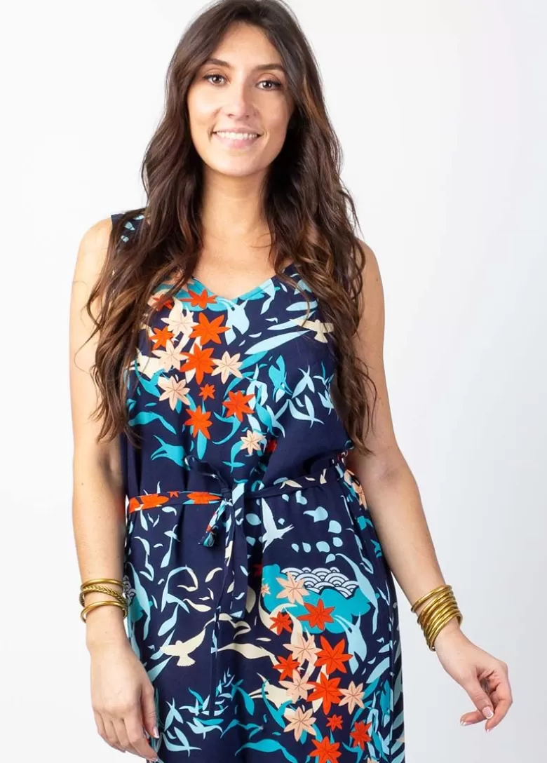 Robes*Coton Du Monde Robe longue SAVANA larges bretelles imprimé bleu profond Japan