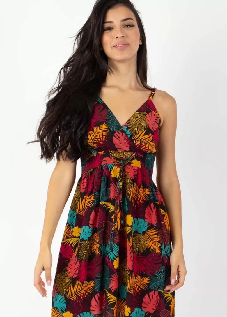 Robes*Coton Du Monde Robe évasée fines bretelles MOREA imprimé tropical orange Palme Orange