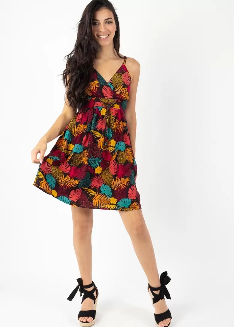Robes*Coton Du Monde Robe évasée fines bretelles MOREA imprimé tropical orange Palme Orange