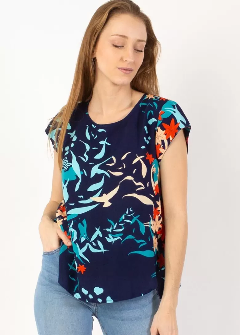 Tops*Coton Du Monde Top femme manches courtes SALOME imprimé marine Japan