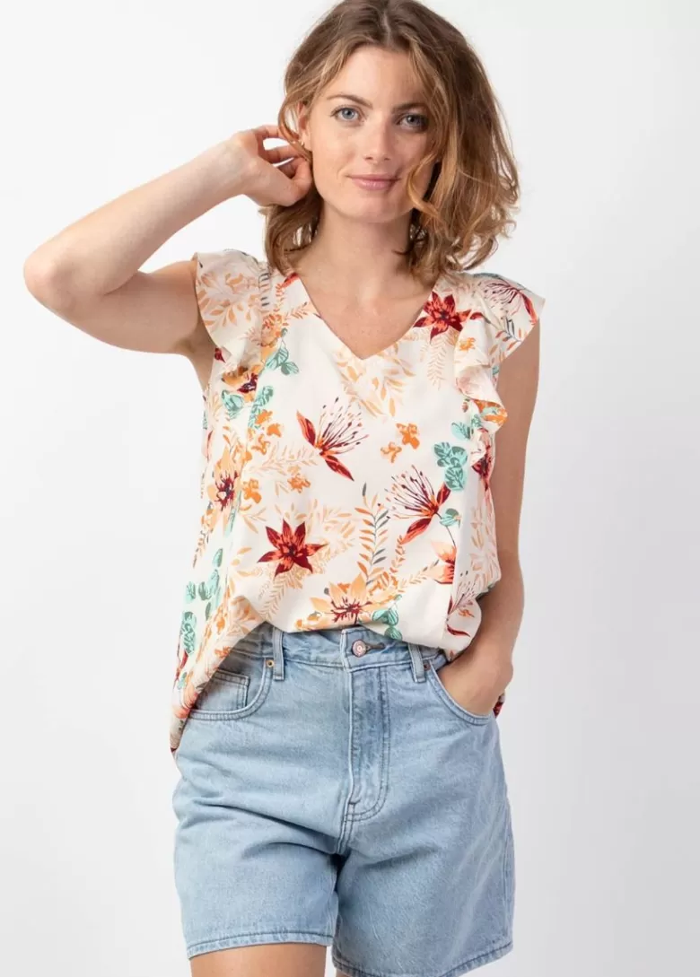 Tops*Coton Du Monde Top femme sans manches à volants CHLOE imprimé romantique Garden