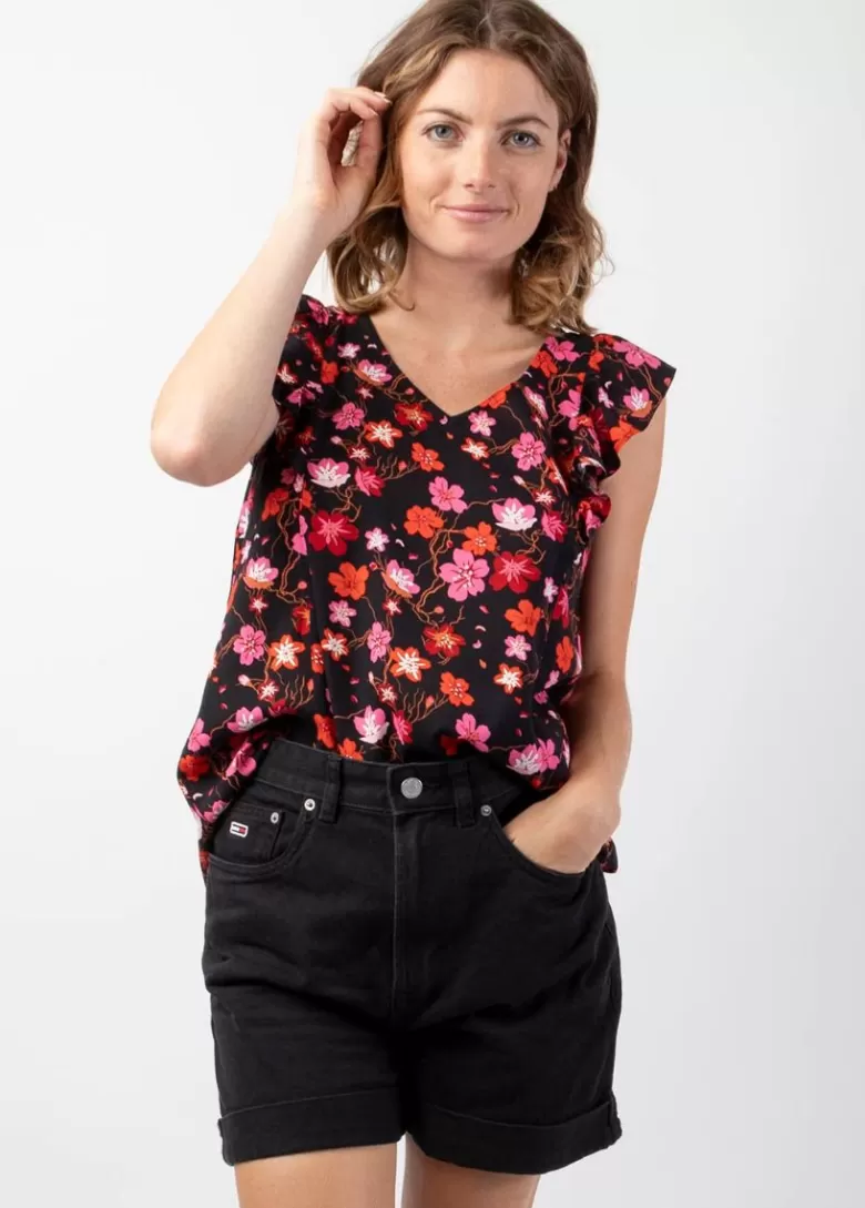 Tops*Coton Du Monde Top femme tendance style bohème CHLOE imprimé petites fleurs Cherry Noir