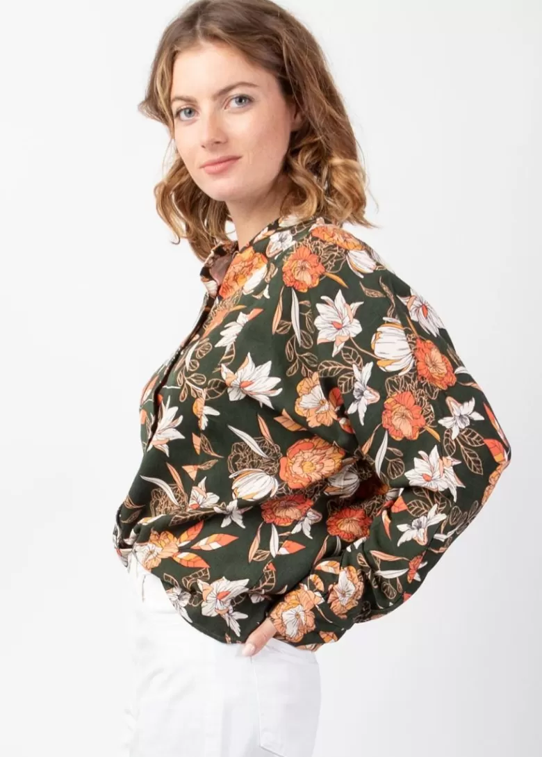 Tops*Coton Du Monde Top manches longues en twill de viscose LIZAE imprimé Kaki Arty