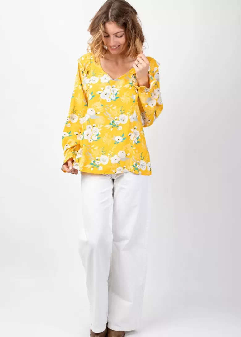 Tops*Coton Du Monde Top manches longues en viscose CASSIOPEE imprimé fleuri lumineux jaune Bouquet Jaune