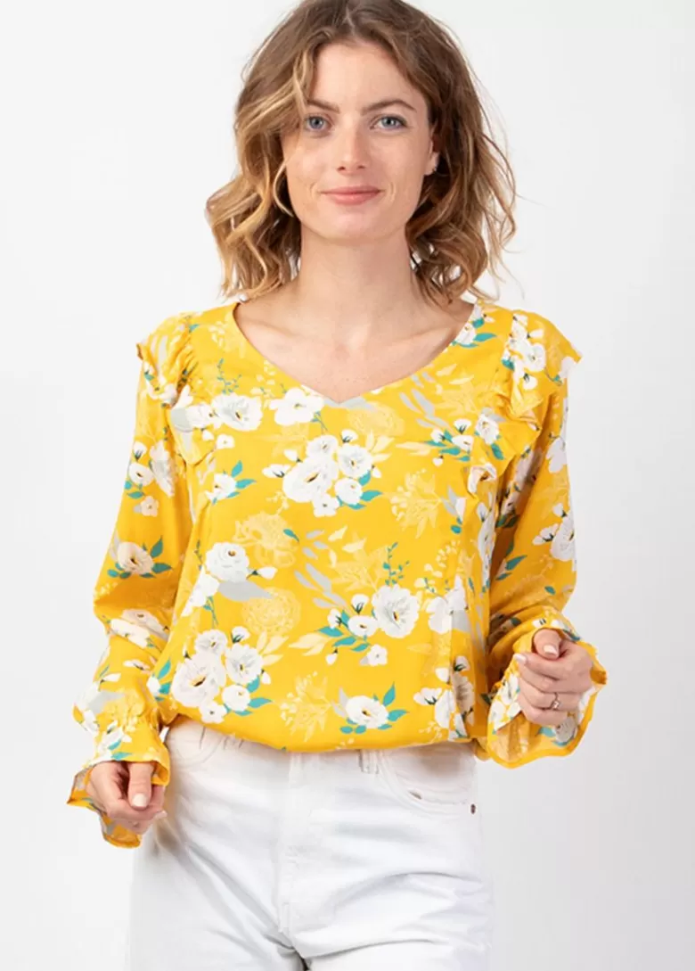 Tops*Coton Du Monde Top manches longues en viscose CASSIOPEE imprimé fleuri lumineux jaune Bouquet Jaune