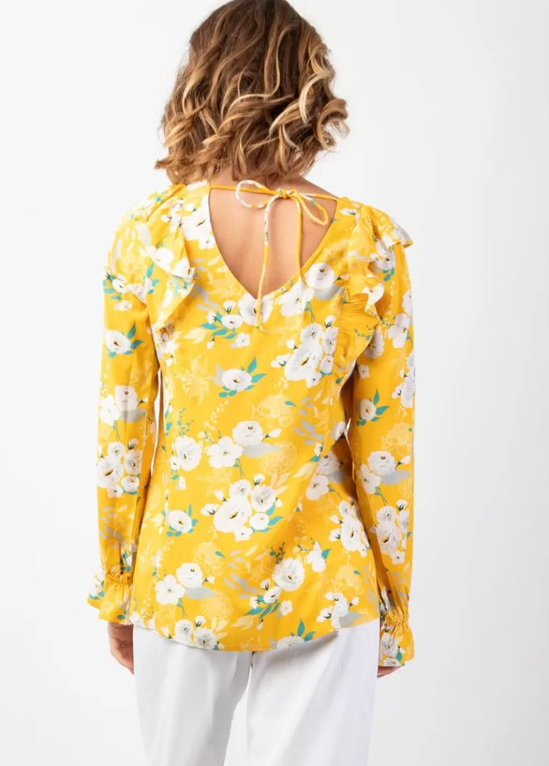 Tops*Coton Du Monde Top manches longues en viscose CASSIOPEE imprimé fleuri lumineux jaune Bouquet Jaune
