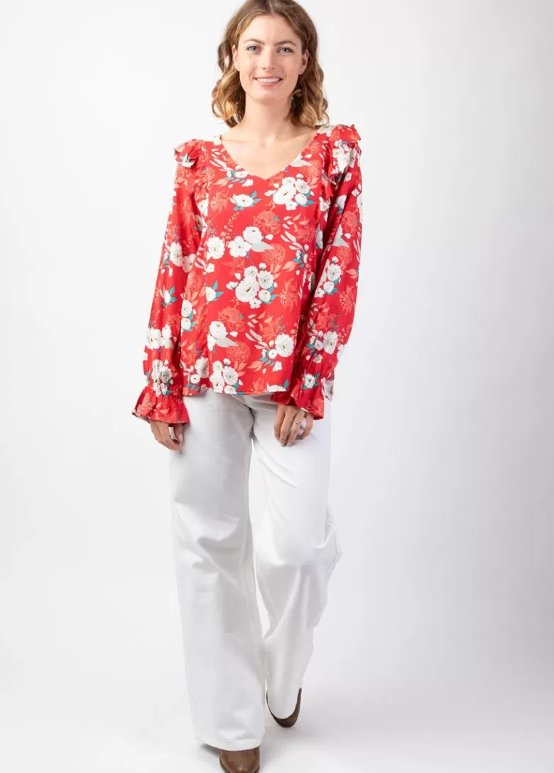 Tops*Coton Du Monde Top manches longues en viscose CASSIOPEE motif fleuri lumineux rouge Bouquet Rouge