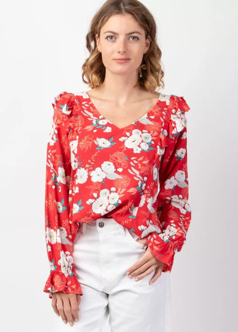 Tops*Coton Du Monde Top manches longues en viscose CASSIOPEE motif fleuri lumineux rouge Bouquet Rouge