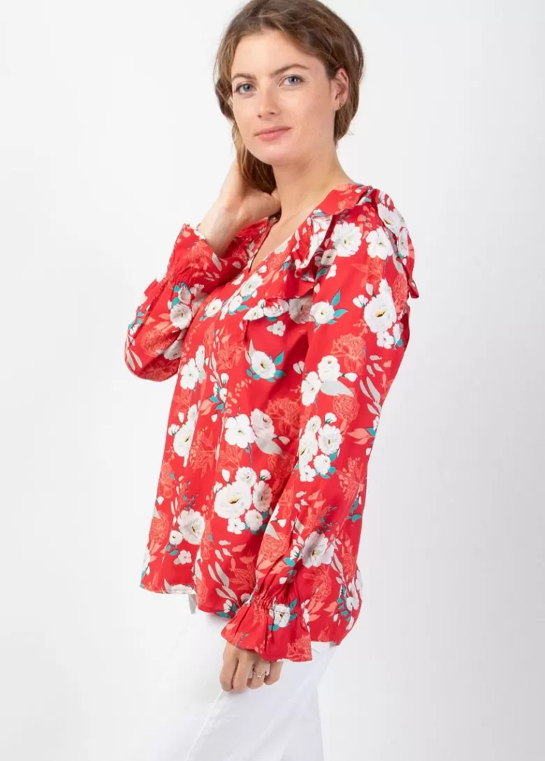 Tops*Coton Du Monde Top manches longues en viscose CASSIOPEE motif fleuri lumineux rouge Bouquet Rouge