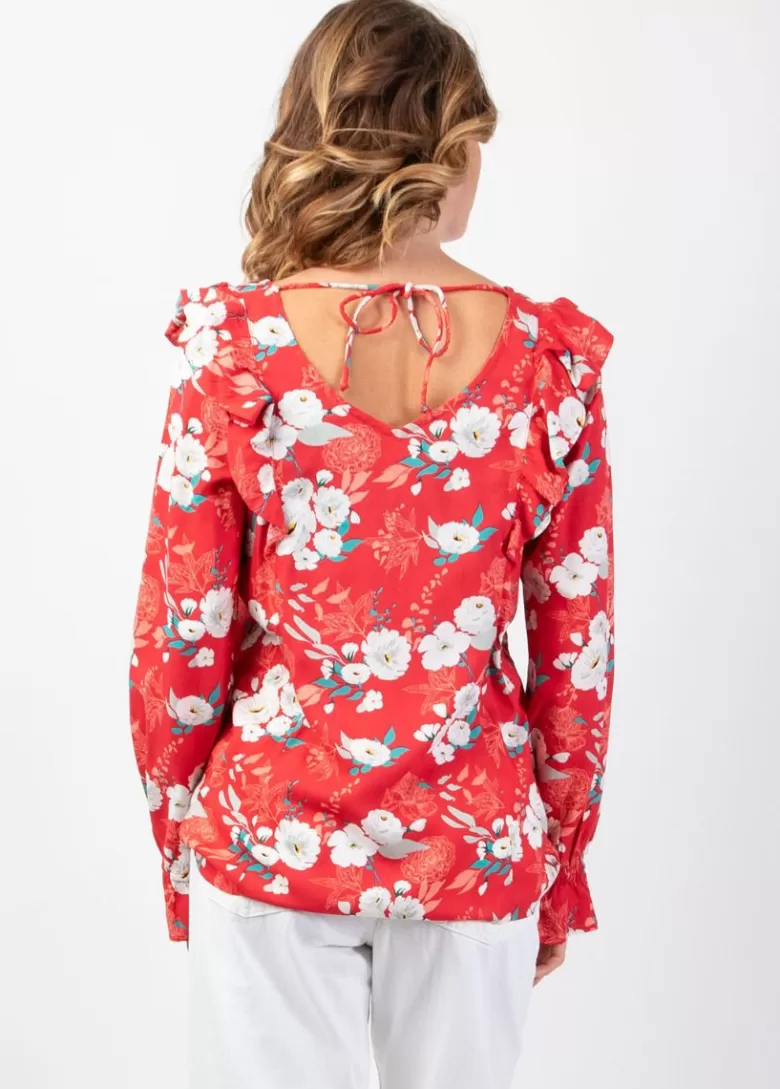 Tops*Coton Du Monde Top manches longues en viscose CASSIOPEE motif fleuri lumineux rouge Bouquet Rouge